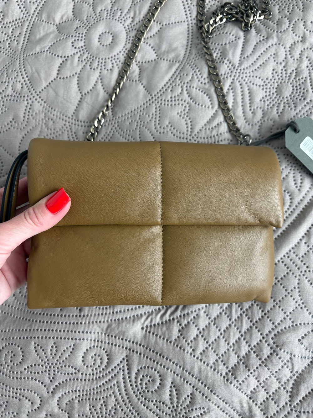 NWT ALL SAINTS EZRA QUILT CHAIN CROSSBODY LEATHER CLUTCH BRONZE GREEN